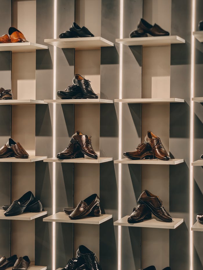 A stylish display of brown men's dress shoes organized neatly on modern shelves in a store.